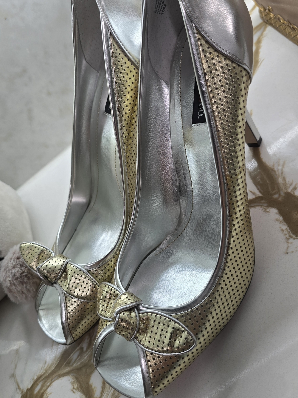 Style & Co. Metallic Gold and Silver Peep-Toe Heels with Bow